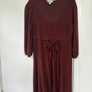 Ann Taylor Loft Burgundy Midi Dress, Scoop Neck, Smocking, Front Tie, 10‎